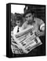 Steelworker Andy Lopata and Son Reading "Steel Labor"-Alfred Eisenstaedt-Framed Stretched Canvas