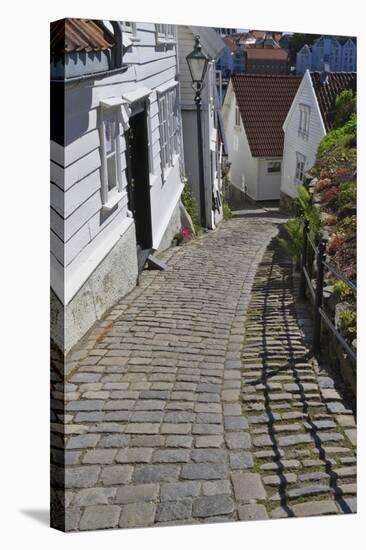 Steep Cobbled Street and White Wooden Houses-Eleanor Scriven-Stretched Canvas