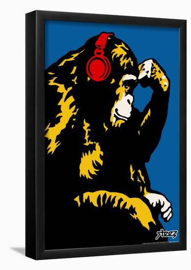 Steez Monkey Thinker - Red Headphones Art Poster Print-null-Framed Poster