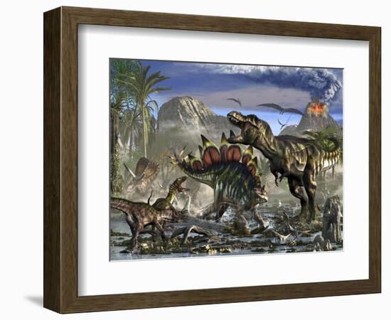 Stegosaurus Defending Himself from T-Rex and Some Utahraptors-Stocktrek Images-Framed Art Print