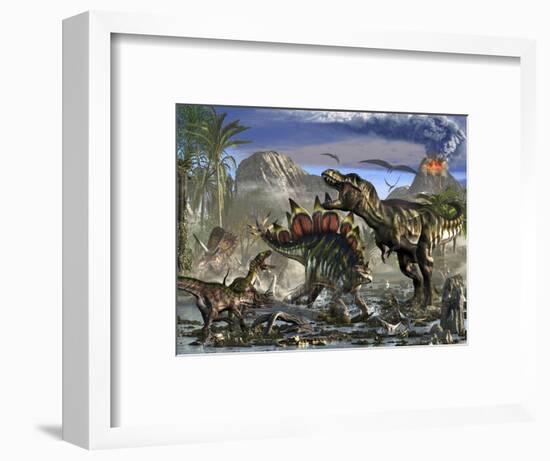 Stegosaurus Defending Himself from T-Rex and Some Utahraptors-Stocktrek Images-Framed Art Print