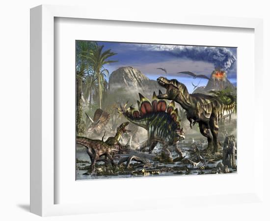 Stegosaurus Defending Himself from T-Rex and Some Utahraptors-Stocktrek Images-Framed Art Print