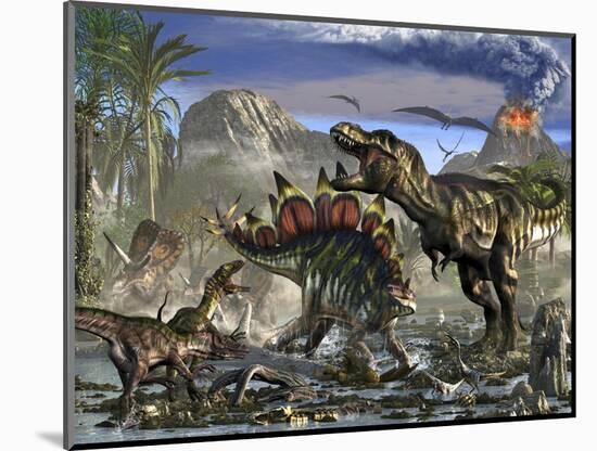 Stegosaurus Defending Himself from T-Rex and Some Utahraptors-Stocktrek Images-Mounted Art Print