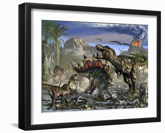 Stegosaurus Defending Himself from T-Rex and Some Utahraptors-Stocktrek Images-Framed Art Print