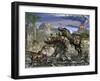 Stegosaurus Defending Himself from T-Rex and Some Utahraptors-Stocktrek Images-Framed Art Print