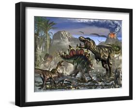 Stegosaurus Defending Himself from T-Rex and Some Utahraptors-Stocktrek Images-Framed Art Print