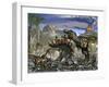 Stegosaurus Defending Himself from T-Rex and Some Utahraptors-Stocktrek Images-Framed Art Print