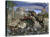Stegosaurus Defending Himself from T-Rex and Some Utahraptors-Stocktrek Images-Stretched Canvas