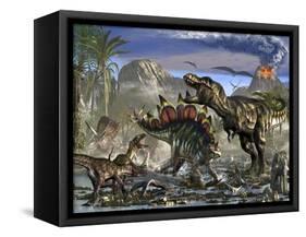 Stegosaurus Defending Himself from T-Rex and Some Utahraptors-Stocktrek Images-Framed Stretched Canvas