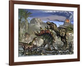 Stegosaurus Defending Himself from T-Rex and Some Utahraptors-Stocktrek Images-Framed Art Print