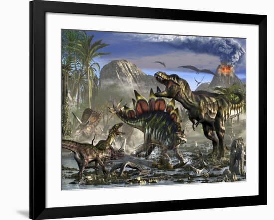 Stegosaurus Defending Himself from T-Rex and Some Utahraptors-Stocktrek Images-Framed Art Print