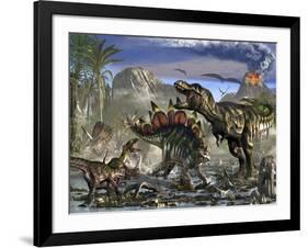 Stegosaurus Defending Himself from T-Rex and Some Utahraptors-Stocktrek Images-Framed Art Print