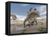 Stegosaurus Dinosaur Drinking Water in the Desert-null-Framed Stretched Canvas