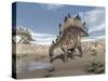 Stegosaurus Dinosaur Drinking Water in the Desert-null-Stretched Canvas