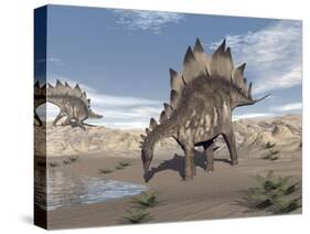 Stegosaurus Dinosaur Drinking Water in the Desert-null-Stretched Canvas