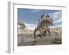 Stegosaurus Dinosaur Drinking Water in the Desert-null-Framed Art Print