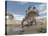 Stegosaurus Dinosaur Drinking Water in the Desert-null-Stretched Canvas