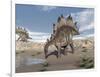 Stegosaurus Dinosaur Drinking Water in the Desert-null-Framed Art Print