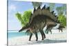Stegosaurus Dinosaurs Drinking from a Jurassic Lake-null-Stretched Canvas