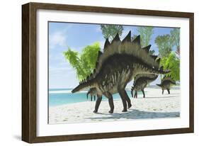 Stegosaurus Dinosaurs Drinking from a Jurassic Lake-null-Framed Art Print