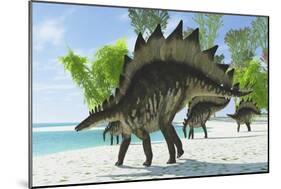 Stegosaurus Dinosaurs Drinking from a Jurassic Lake-null-Mounted Art Print