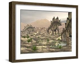 Stegosaurus Dinosaurs Searching for Water in a Desert Landscape-null-Framed Art Print