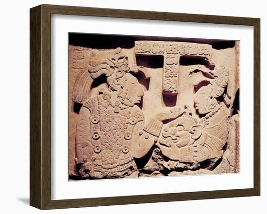 Stela Depicting a Woman Presenting a Jaguar Mask to a Priest, from Yaxchilan-Mayan-Framed Giclee Print