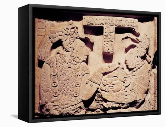 Stela Depicting a Woman Presenting a Jaguar Mask to a Priest, from Yaxchilan-Mayan-Framed Stretched Canvas