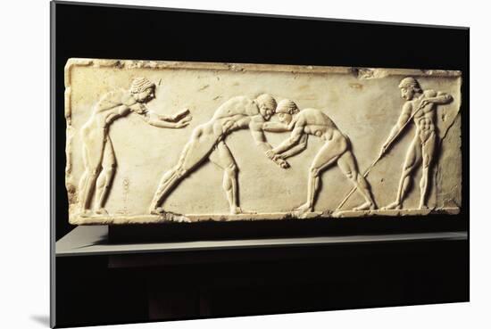 Stele Depicting Wrestling Competition, Relief from Kerameikos Necropolis in Athens, Greece-null-Mounted Giclee Print