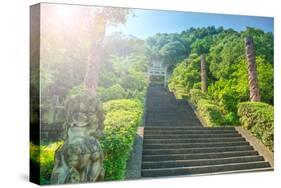 Steps flanked by stone pillars and Qi Ling lions leading up towards a stone gate, Zhejiang, China,-Andreas Brandl-Stretched Canvas