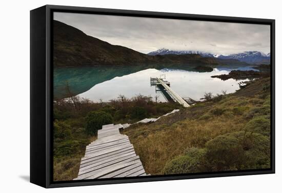 Steps to Boatdock and Reflections in Lago Pehoe-Eleanor-Framed Stretched Canvas