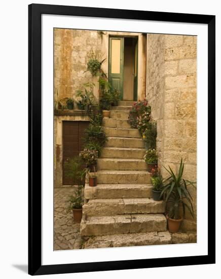 Steps with plants outside historic stone house, Trogir, Dalamatia, Croatia-Merrill Images-Framed Photographic Print