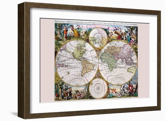 Stereographic Map of the World with Classical Illustration-Gerard Valk-Framed Art Print