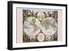 Stereographic Map of the World with Classical Illustration-Gerard Valk-Framed Art Print