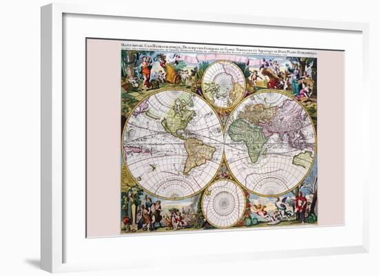 Stereographic Map of the World with Classical Illustration-Gerard Valk-Framed Art Print