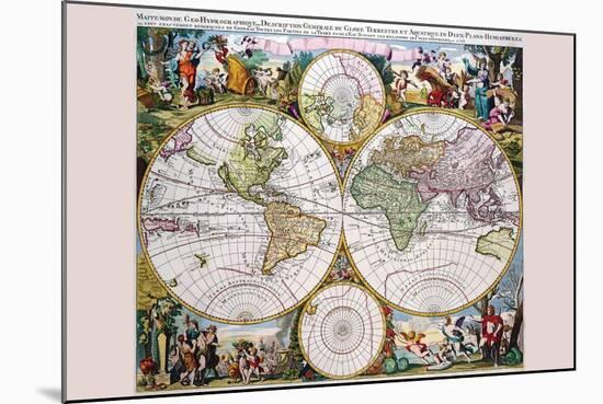 Stereographic Map of the World with Classical Illustration-Gerard Valk-Mounted Art Print