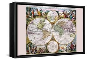 Stereographic Map of the World with Classical Illustration-Gerard Valk-Framed Stretched Canvas