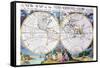 Stereographic Projection of the World With Latitude And Longitudinal Lines-Edward Wells-Framed Stretched Canvas