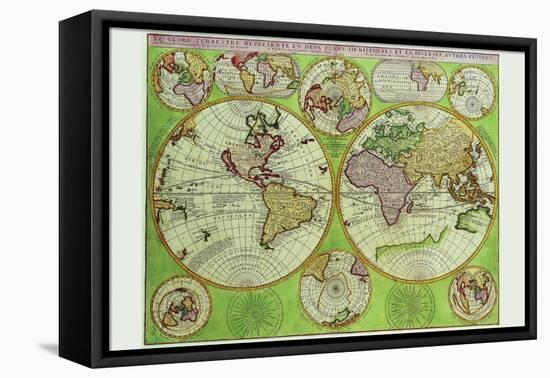 Stereographic World Map with Insets of Polar Projections-Vincenzo Coronelli-Framed Stretched Canvas