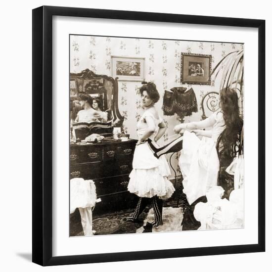 Stereoscopic Card Depicting a Woman Being Laced into a Corset, C.1900-Vermont, USA H.C. White Company-Framed Photographic Print