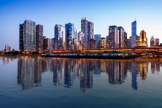 Sunset over the Tall Skyscrapers of Chicago from Navy Pier with Artificial Water Reflection-Steve Heap-Stretched Canvas