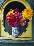 Dahlia Flowers in Vase, Ornate Window Frame, Bellingham, Washington, USA-Steve Satushek-Photographic Print