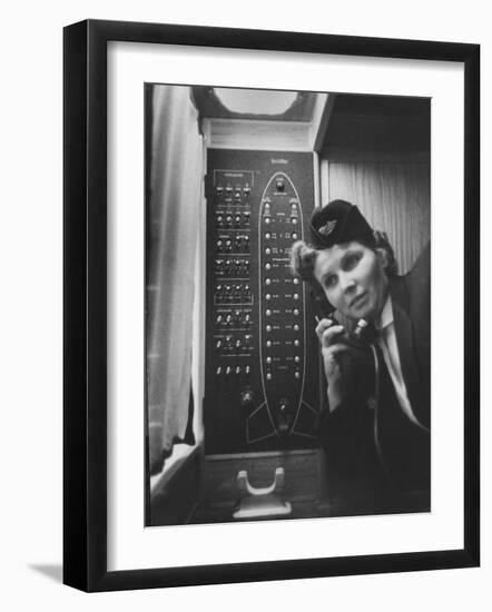 Stewardess Using Telephone on Board Soviet Passenger Plane-null-Framed Photographic Print