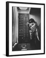 Stewardess Using Telephone on Board Soviet Passenger Plane-null-Framed Photographic Print