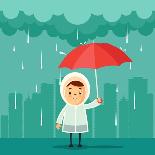 Cute Cartoon Kid with Umbrella Standing under the Rain. Buildings Silhouettes on Background. Vector-stickerama-Art Print