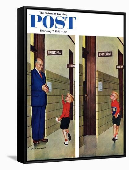 "Sticking out His Tongue" Saturday Evening Post Cover, February 7, 1959-Richard Sargent-Framed Stretched Canvas