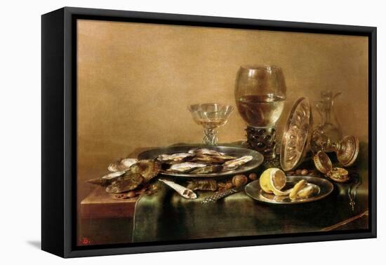 Still life composed of oysters, lemon, glass and gold tableware, 1632 (painting)-Willem Claesz Heda-Framed Stretched Canvas
