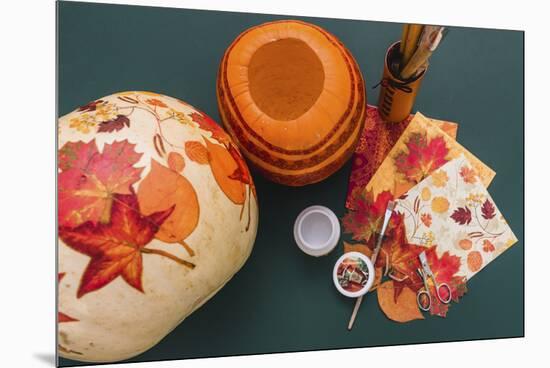 Still life, DIY, autumnal decoration, pumpkin, napkin decoupage-mauritius images-Mounted Premium Photographic Print