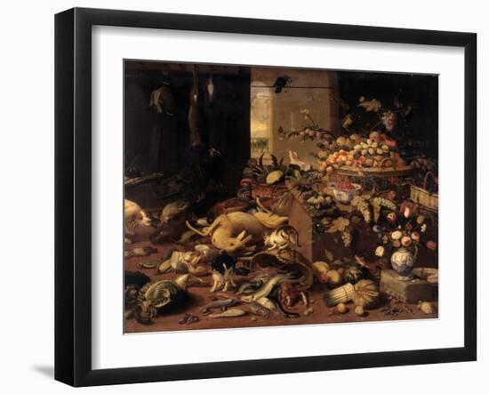 Still Life (Interior with Game, Fish, Fruit, Flowers, Cats and Dogs), 1645-79-Jan van Kessel-Framed Art Print