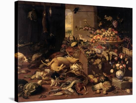 Still Life (Interior with Game, Fish, Fruit, Flowers, Cats and Dogs), 1645-79-Jan van Kessel-Stretched Canvas